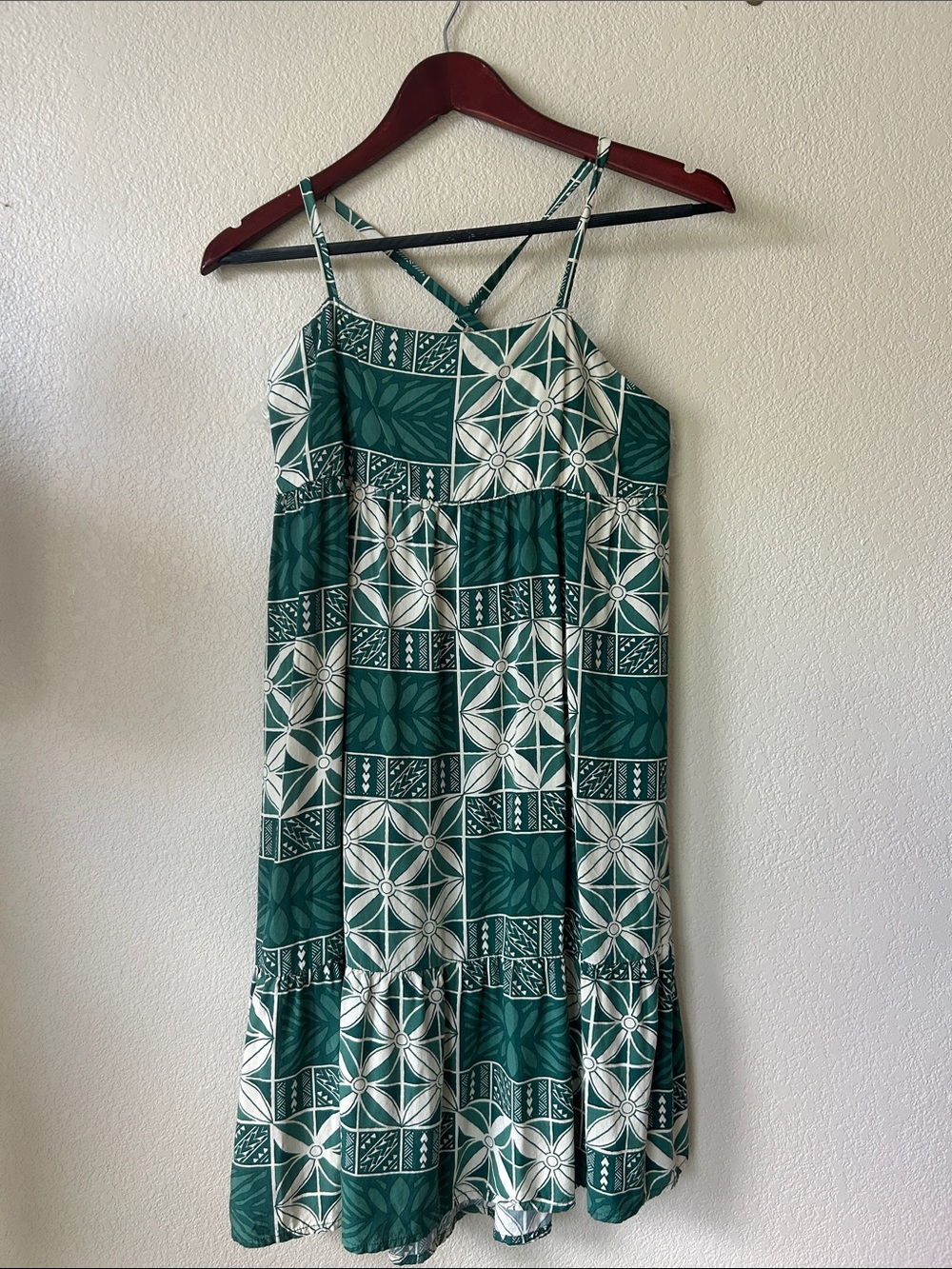 TANOA Green and Off-White Printed Girl’s Spaghetti Strap Sun  Dress, Sz 14
